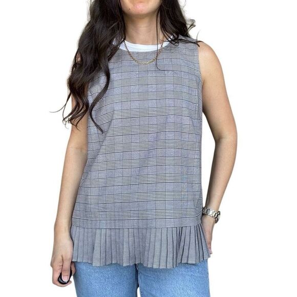 J. Jill Pleated-Hem Sleeveless Black Cream Top Blouse Size Medium Plaid NWOT - Picture 3 of 7